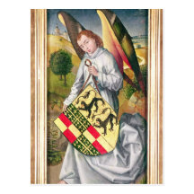 Angel holding a shield with  two leopards postcard