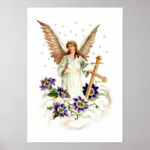 Angel With Cross And Clematis Flower Print