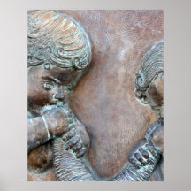 Angels blowing trumpets copper aged relief print