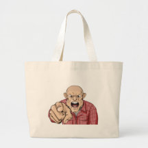 Angry man with shaved head shouting and pointing canvas bag
