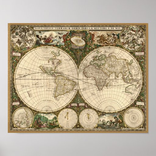 Antique 1660 World Map by Frederick de Wit Posters