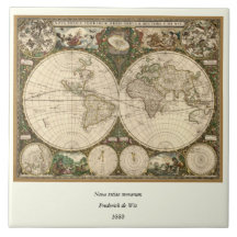 Antique 1660 World Map by Frederick de Wit Ceramic Tiles