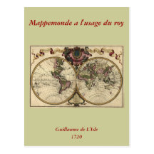 Antique World Map by Guillaume de L'Isle, 1720 Post Cards