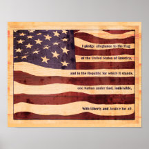 Antiqued flag with pledge of allegiance wood look posters