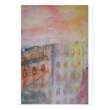 apartment-building-at-dusk post card