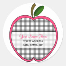 Apple Address Label - Charcoal Grey Gingham Round Stickers