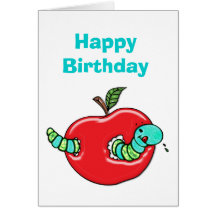 Apple and a Hungry Worm Birthday Greeting Cards