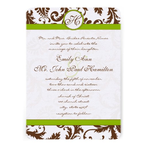 Apple Green & Brown Damask Wedding Invitation