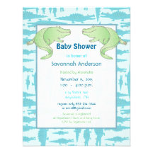 Aqua Alligator Pattern Baby Boy Shower Invitations