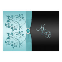 Aqua and Black with Jewel Monogrammed Invitation