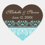 Aqua and chocolate brown damask wedding stickers