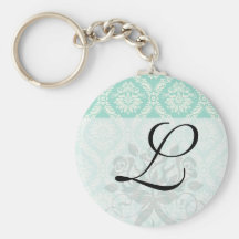 aqua and cream fleur elegant damask key chain