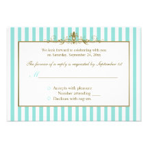 Aqua and White Stripes with Gold Scrolls RSVP Card Custom Invite