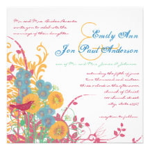 Aqua Beeswax Raspberry Wild Flower Bird Wedding Personalized Announcements