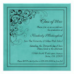 Aqua black swirls graduation party announcement