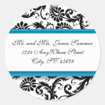 Aqua Blue Black Damask Address Wedding Stickers