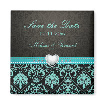 Aqua Blue / Black Damask Wedding Save the Date Refrigerator Magnets