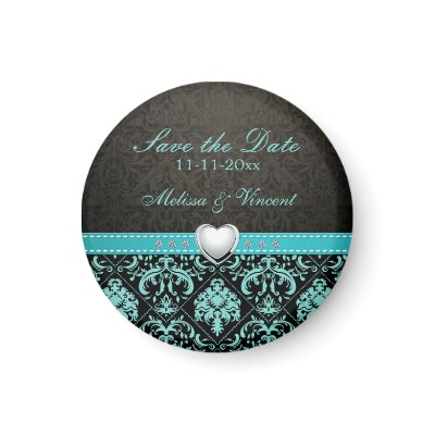 Aqua Blue Black Damask Wedding Save the Date Fridge Magnet by 