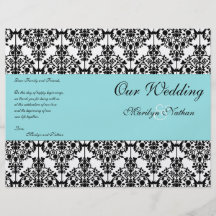 Aqua Blue, Black, White Damask Wedding Program Custom Flyer