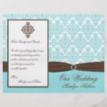 Aqua Blue, Brown, White Damask Wedding Program Custom Flyer