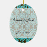 aqua blue damask pattern christmas ornaments
