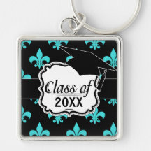 aqua blue fleur de lis pattern key chains