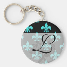aqua blue fleur de lis pattern key chains