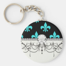 aqua blue fleur de lis pattern keychain