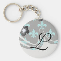 aqua blue fleur de lis pattern keychains