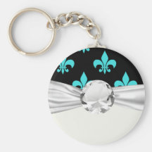 aqua blue fleur de lis pattern keychains