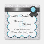Aqua Blue & Grey Damask Save the Date Magnet