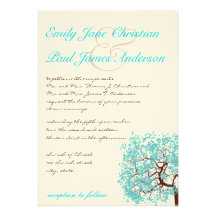 Aqua Blue Leaves Brown Tree  Wedding Invitation