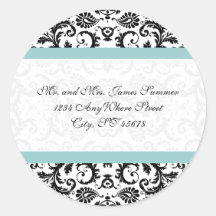 Aqua Blue on White Damask Address Wedding Stickers