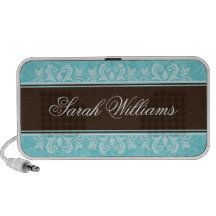 Aqua brown damask portable personalised speakers