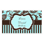 Aqua, Brown, White Stripe Damask Wedding Favour Ta Business Card