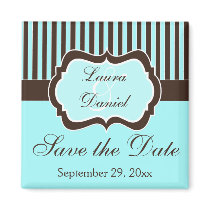 Aqua, Brown, White Striped Save the Date Magnet
