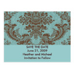 Aqua Chocolate Damask Save the Date Postcard