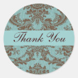 Aqua Chocolate Damask Thank You Sticker