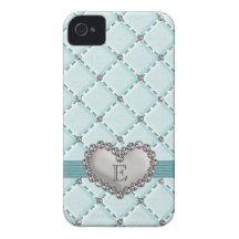 Aqua Faux Quilted Rhinestone Heart iPhone 4 Case-M