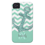 Aqua Glitter Anchor White Chevron Personalised iPhone 4 Cases