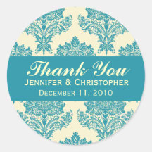 Aqua & Ivory Damask Round Wedding Labels Round Sticker