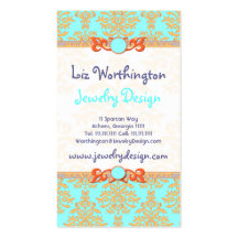 Aqua, Orange and Gold Damask Elegant Chic Business Card