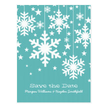 Aqua Snowflakes and Stars Save the Date Postcard