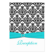Aqua, White and Black Damask Reception Card Business Cards