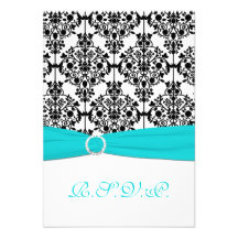 Aqua, White and Black Damask Reply Card 2 Custom Announcements