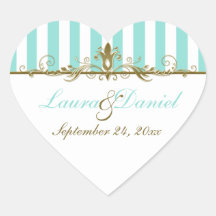Aqua, White Stripes Gold Scrolls Wedding Sticker