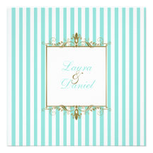 Aqua, White Stripes with Gold Scrolls Invitation
