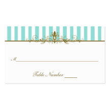 Aqua, White Stripes with Gold Scrolls Placecard Business Card