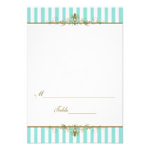 Aqua, White Stripes with Gold Scrolls Placecard Personalized Invite