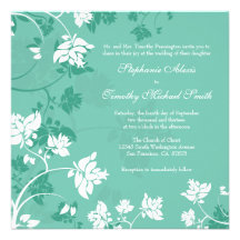 Aquamarine white floral swirls wedding invitation